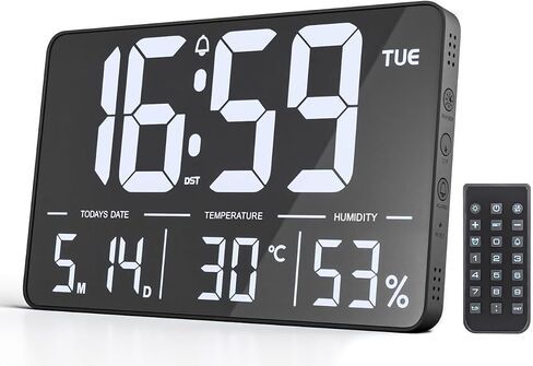 13" Digital Wall Clock with Large Display | Date, Week, Temperature, Auto-Dim & Remote Control | DST, Alarm | for Living Room, Bedroom, Office in Saudi Arabia