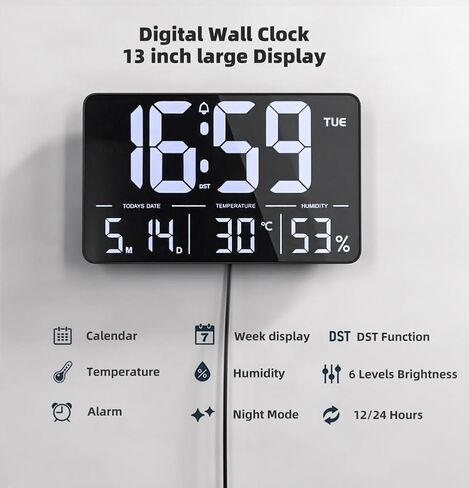 13" Digital Wall Clock with Large Display | Date, Week, Temperature, Auto-Dim & Remote Control | DST, Alarm | for Living Room, Bedroom, Office in Saudi Arabia