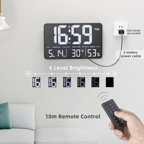 13" Digital Wall Clock with Large Display | Date, Week, Temperature, Auto-Dim & Remote Control | DST, Alarm | for Living Room, Bedroom, Office in Saudi Arabia