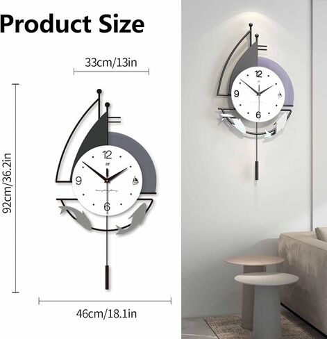Decorative Wall Clock for Living Room, Creative Silent Non Ticking Modern Wall Clocks with Pendulum, Battery Operated, Large Wall Clock for Living Room, Kitchen, Bedroom (Black White, 36.2x18.1inch) in Saudi Arabia