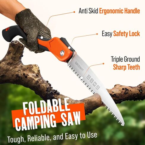 GROWIT Folding saw 11 Inch - Heavy Duty Pruning Saw with Triple-Cut SK5 Blade, 7 TPI Razor Teeth for Tree Trimming, Wood Cutting, Camping, Bushcraft, and Gardening in Kuwait