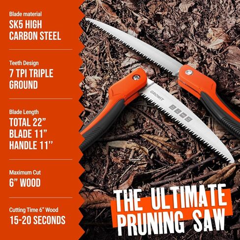 GROWIT Folding saw 11 Inch - Heavy Duty Pruning Saw with Triple-Cut SK5 Blade, 7 TPI Razor Teeth for Tree Trimming, Wood Cutting, Camping, Bushcraft, and Gardening in Kuwait