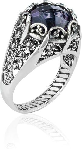 925 Sterling Silver Filigree Art Women Mini Dome Cocktail Ring with Gemstone, Gift Boxed in Kuwait