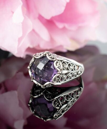 925 Sterling Silver Filigree Art Women Mini Dome Cocktail Ring with Gemstone, Gift Boxed in Kuwait