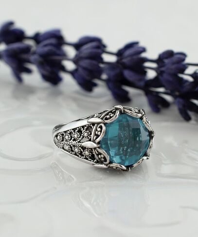 925 Sterling Silver Filigree Art Women Mini Dome Cocktail Ring with Gemstone, Gift Boxed in Kuwait