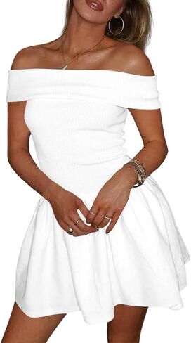 Wenrine Womens Off The Shoulder Mini Dress Summer Casual Ruffle Ribbed Slim Fit Sexy Club Party Dresses in Saudi Arabia
