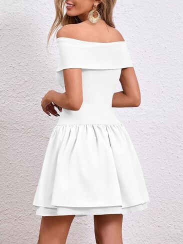 Wenrine Womens Off The Shoulder Mini Dress Summer Casual Ruffle Ribbed Slim Fit Sexy Club Party Dresses in Saudi Arabia