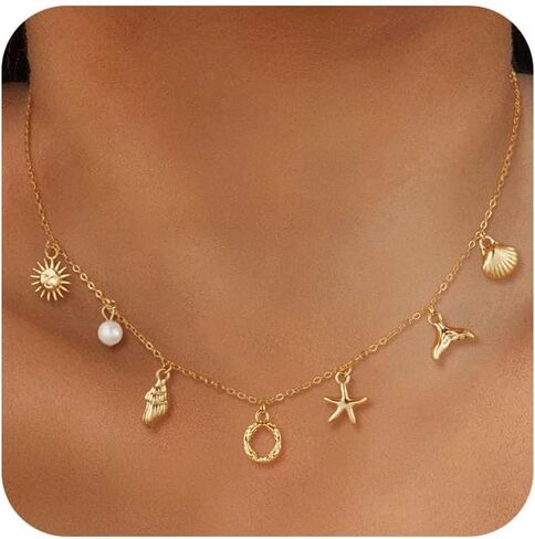 CAROVO Gold Initial Charm Necklace for Women Shell Letter A-Z Necklace 14K Gold Plated Charm Pendant Necklace Boho Summer Seashell Beach Starfish Surfer Jewelry in Kuwait