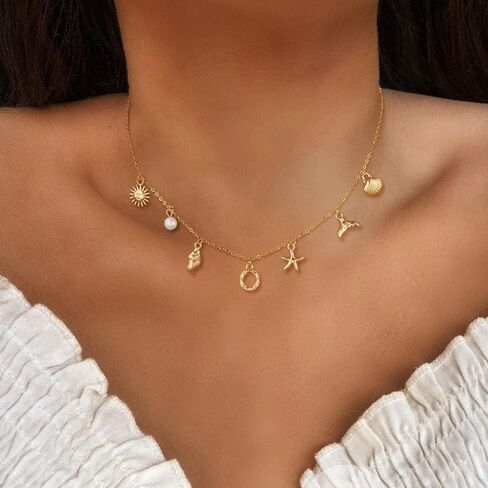 CAROVO Gold Initial Charm Necklace for Women Shell Letter A-Z Necklace 14K Gold Plated Charm Pendant Necklace Boho Summer Seashell Beach Starfish Surfer Jewelry in Kuwait
