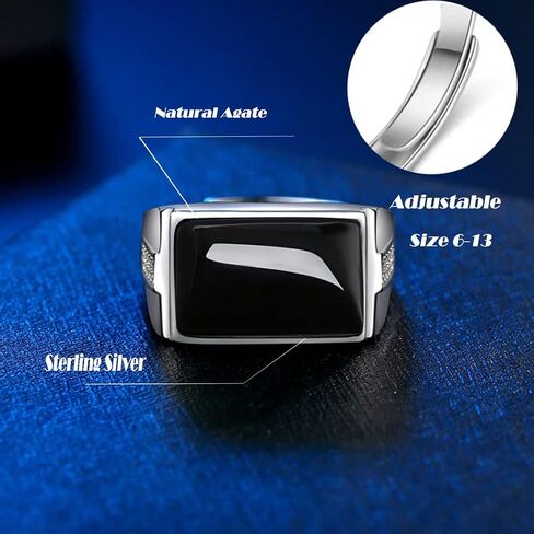 HAIXIAN Mens S925 Sterling Silver Ring with Natural Agate Stone,Adjustable Handmade Mens Turkish Ring Jewelry in Saudi Arabia