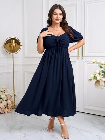 SCOMCHIC Plus Size Sweetheart Neckline Maxi Dress Formal Wedding Guest Short Puff Sleeve Cocktail Smocked A-Line Dresses in Saudi Arabia