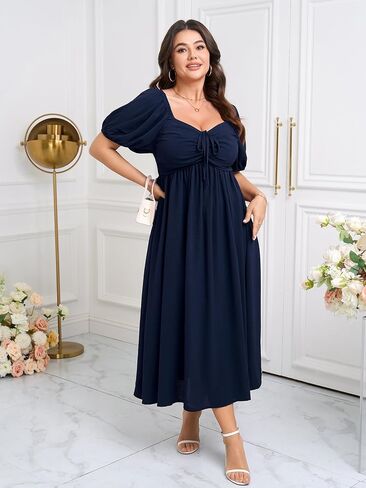 SCOMCHIC Plus Size Sweetheart Neckline Maxi Dress Formal Wedding Guest Short Puff Sleeve Cocktail Smocked A-Line Dresses in Saudi Arabia