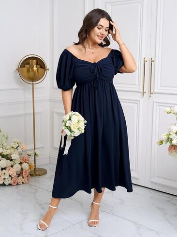 SCOMCHIC Plus Size Sweetheart Neckline Maxi Dress Formal Wedding Guest Short Puff Sleeve Cocktail Smocked A-Line Dresses in Saudi Arabia