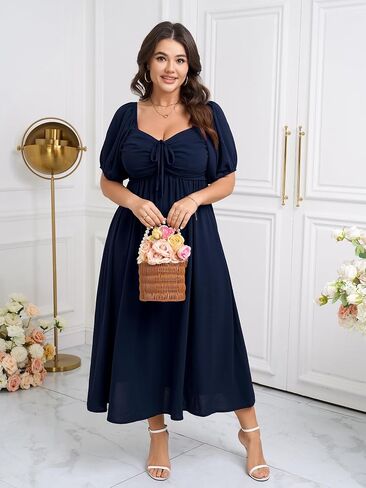 SCOMCHIC Plus Size Sweetheart Neckline Maxi Dress Formal Wedding Guest Short Puff Sleeve Cocktail Smocked A-Line Dresses in Saudi Arabia