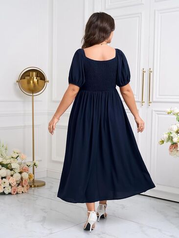 SCOMCHIC Plus Size Sweetheart Neckline Maxi Dress Formal Wedding Guest Short Puff Sleeve Cocktail Smocked A-Line Dresses in Saudi Arabia