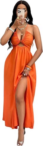 Womens Summer Maxi Dress Sexy Tie Backless Criss Cross Halter Neck Sleeveless Split Dress for Women in Saudi Arabia
