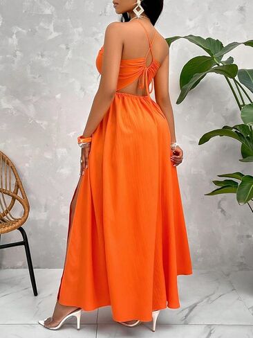 Womens Summer Maxi Dress Sexy Tie Backless Criss Cross Halter Neck Sleeveless Split Dress for Women in Saudi Arabia