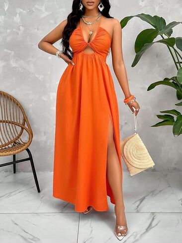 Womens Summer Maxi Dress Sexy Tie Backless Criss Cross Halter Neck Sleeveless Split Dress for Women in Saudi Arabia