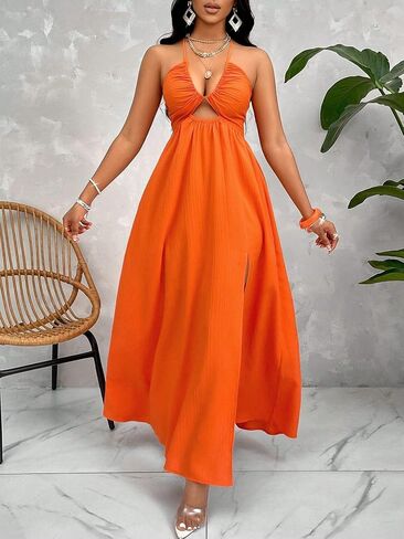 Womens Summer Maxi Dress Sexy Tie Backless Criss Cross Halter Neck Sleeveless Split Dress for Women in Saudi Arabia