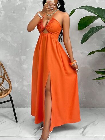 Womens Summer Maxi Dress Sexy Tie Backless Criss Cross Halter Neck Sleeveless Split Dress for Women in Saudi Arabia