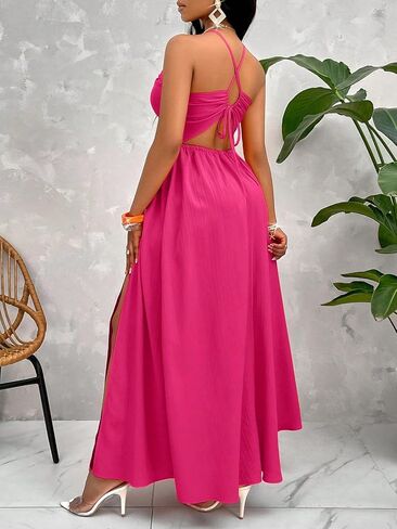 Womens Summer Maxi Dress Sexy Tie Backless Criss Cross Halter Neck Sleeveless Split Dress for Women in Saudi Arabia