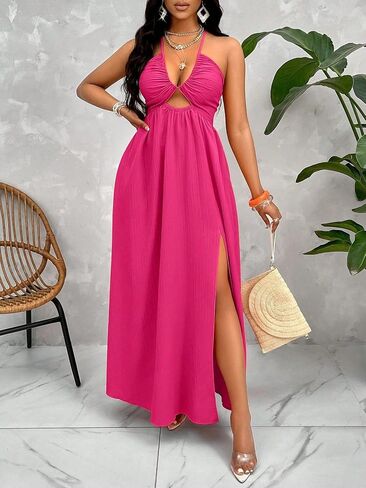 Womens Summer Maxi Dress Sexy Tie Backless Criss Cross Halter Neck Sleeveless Split Dress for Women in Saudi Arabia