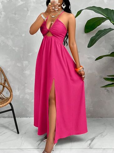Womens Summer Maxi Dress Sexy Tie Backless Criss Cross Halter Neck Sleeveless Split Dress for Women in Saudi Arabia
