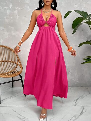 Womens Summer Maxi Dress Sexy Tie Backless Criss Cross Halter Neck Sleeveless Split Dress for Women in Saudi Arabia