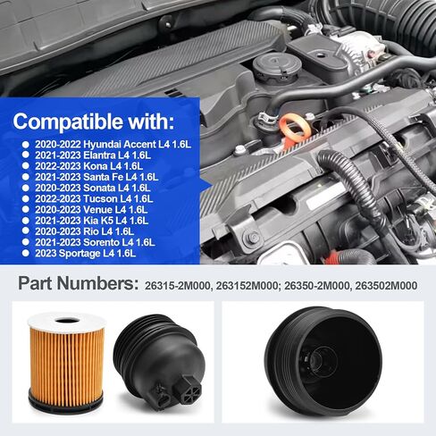 Engine Oil Filter Housing Cover Cap Assembly Kit Compatible with 2020-23 Sonata Venue Rio 2021-23 Elantra Santa Fe K5 Sorento 2022-23 Kona Tucson 2023 Sportag 2020-22 Accent Part Number 26315-2M000 in Saudi Arabia