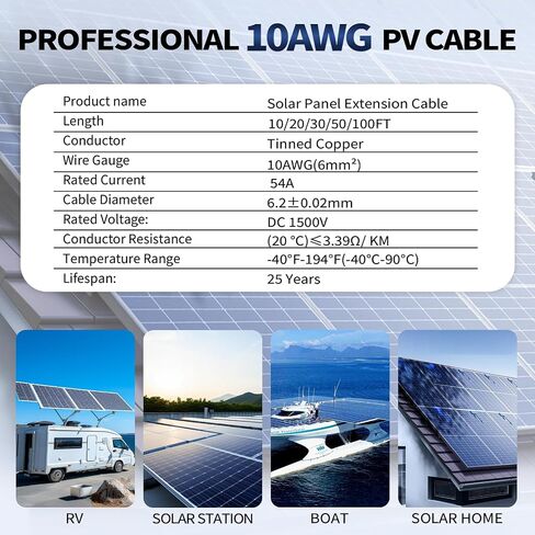 2x20 FT Solar Panel Extension Cable, 10AWG Solar Cable Solar Panel Wire with Female & Male Waterproof Connectors for RV, Photovoltaic Systems in Saudi Arabia