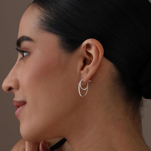 Lecalla 925 Sterling Silver Double Hoop أقراط | أقراط خفيفة الوزن ذات النغمة | أقراط طوق ملتوية إيطالية للنساء in Kuwait