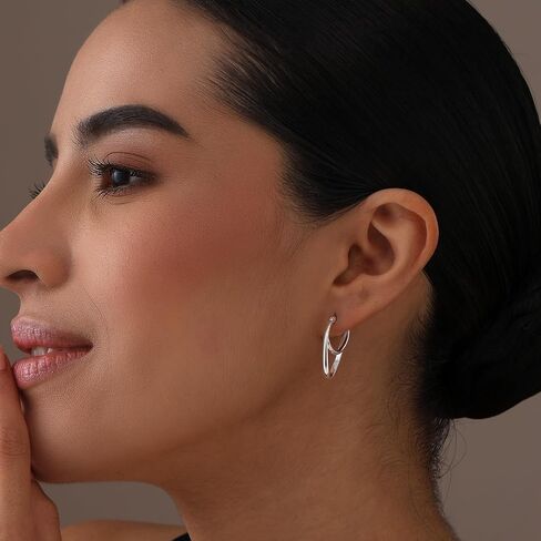 Lecalla 925 Sterling Silver Double Hoop أقراط | أقراط خفيفة الوزن ذات النغمة | أقراط طوق ملتوية إيطالية للنساء in Kuwait