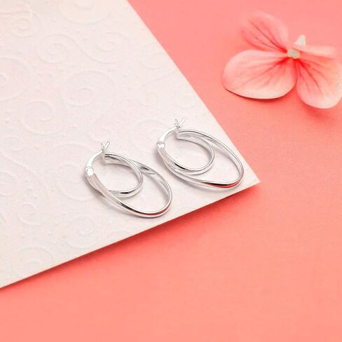 Lecalla 925 Sterling Silver Double Hoop أقراط | أقراط خفيفة الوزن ذات النغمة | أقراط طوق ملتوية إيطالية للنساء in Kuwait
