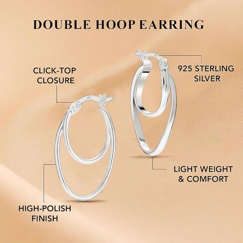 Lecalla 925 Sterling Silver Double Hoop أقراط | أقراط خفيفة الوزن ذات النغمة | أقراط طوق ملتوية إيطالية للنساء in Kuwait