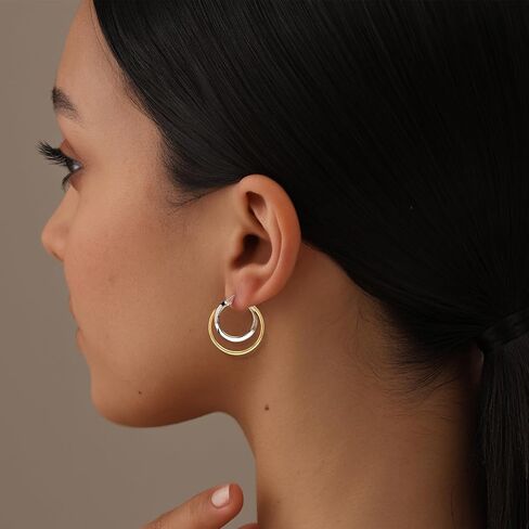 LeCalla 925 Sterling Silver Double Hoop Earrings | Lightweight Textured Two-Tone Earrings | Italian Twisted Hoop Earrings for Women in Saudi Arabia
