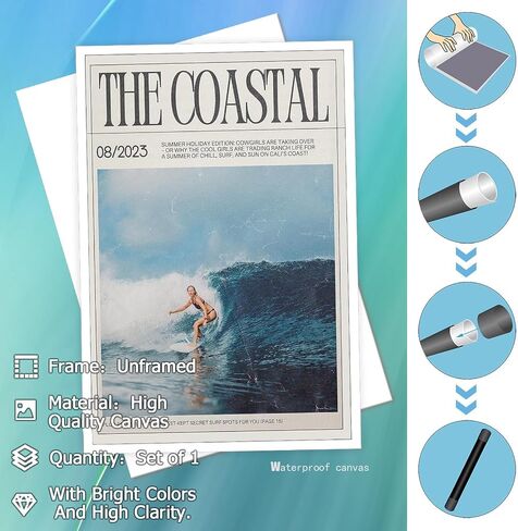 Trendy Summer Coastal Cow Girl Surf Wall Art Surfer Girl Canvas Posters Beach Preppy Aesthetic Magazine Cover Prints Painting For Living Room Bedroom Wall Decor 12x16in Unframed in Saudi Arabia