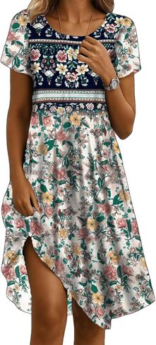 Womens Sundress 2025 Summer Boho Floral Short Sleeve Crewneck Midi Dress Casual A-Line Flowy Knee Lenth Dress with Pocket in Saudi Arabia