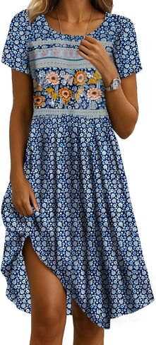 Womens Sundress 2025 Summer Boho Floral Short Sleeve Crewneck Midi Dress Casual A-Line Flowy Knee Lenth Dress with Pocket in Saudi Arabia