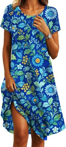 Womens Sundress 2025 Summer Boho Floral Short Sleeve Crewneck Midi Dress Casual A-Line Flowy Knee Lenth Dress with Pocket in Saudi Arabia