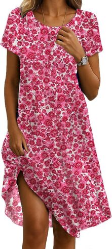 Womens Sundress 2025 Summer Boho Floral Short Sleeve Crewneck Midi Dress Casual A-Line Flowy Knee Lenth Dress with Pocket in Saudi Arabia