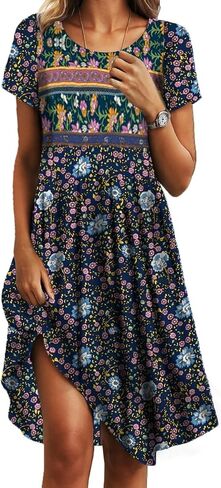 Womens Sundress 2025 Summer Boho Floral Short Sleeve Crewneck Midi Dress Casual A-Line Flowy Knee Lenth Dress with Pocket in Saudi Arabia