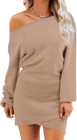 Wenrine Women's Off The Shoulder Sweater Dress 2025 Fall Winter Casual Long Sleeve Knit Slim Fit Pullover Mini Dresses in Saudi Arabia