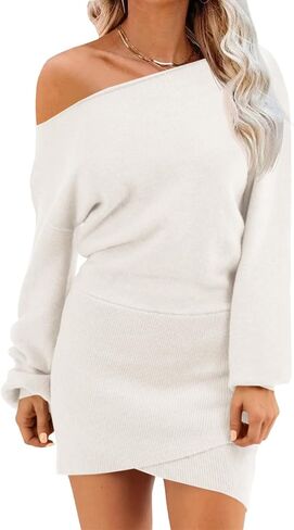 Wenrine Women's Off The Shoulder Sweater Dress 2025 Fall Winter Casual Long Sleeve Knit Slim Fit Pullover Mini Dresses in Saudi Arabia