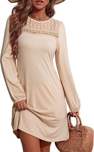 فساتين سقوط Dokotoo للنساء 2025 Crew Neck Longe Sleeve A Line Shift Dress Slow Solid Lourd Fit Mini Dress in Kuwait