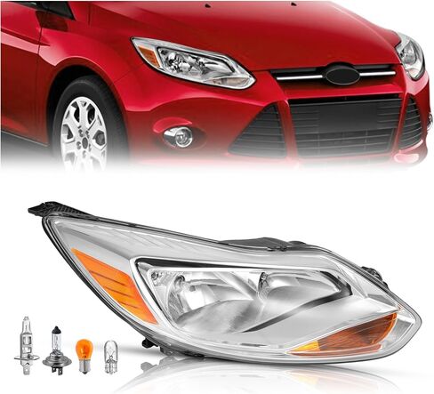 HECASA Right Headlight Assembly Compatible with 2012-2014 Ford Focus 4-Door Replacement for FO2503298 K301153RAS1 BM5Z13008F Passenger Side Halogen Headlamp w/bulbs Clear Lens+Chrome Housing in Saudi Arabia