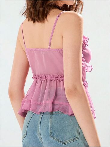 GORGLITTER Women's Babydoll Peplum Cami Tops Mesh Tie Front Ruffle Trim Spaghetti Strap Camisole Top in Saudi Arabia