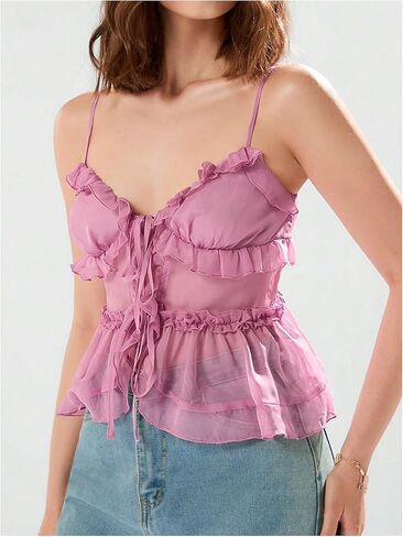 GORGLITTER Women's Babydoll Peplum Cami Tops Mesh Tie Front Ruffle Trim Spaghetti Strap Camisole Top in Saudi Arabia