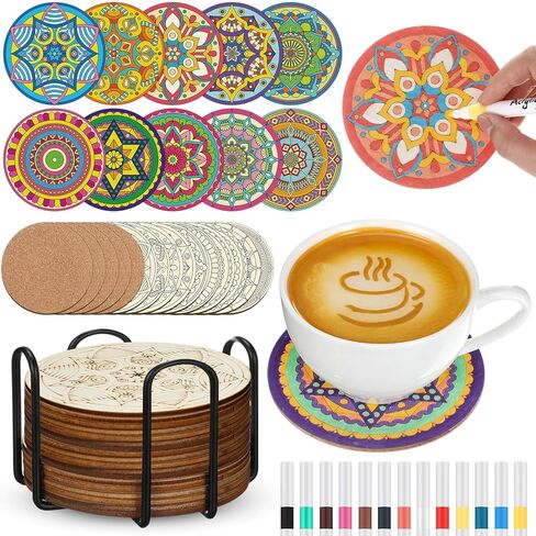 45 Pcs Wooden Coasters Painting Set with Markers 4 Inch Boho Drink Coaster Gift Arts and Crafts DIY Kit for Adults, Women, Hobby, Christmas Ornament Home Apartment Decor (Mandala) in Saudi Arabia