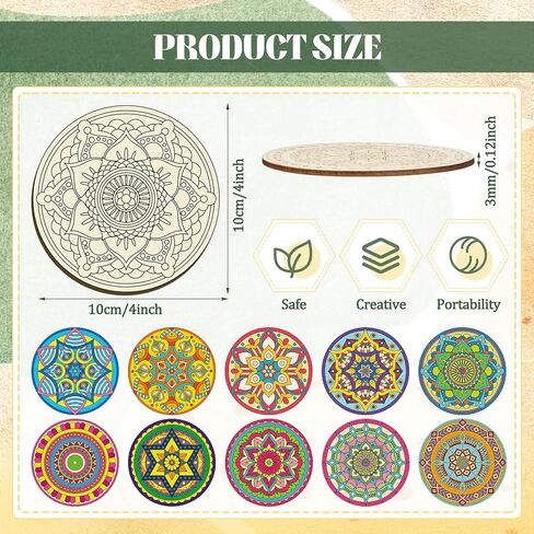 45 Pcs Wooden Coasters Painting Set with Markers 4 Inch Boho Drink Coaster Gift Arts and Crafts DIY Kit for Adults, Women, Hobby, Christmas Ornament Home Apartment Decor (Mandala) in Saudi Arabia