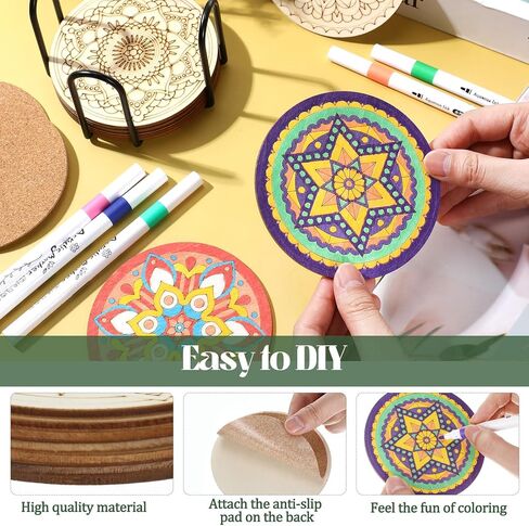 45 Pcs Wooden Coasters Painting Set with Markers 4 Inch Boho Drink Coaster Gift Arts and Crafts DIY Kit for Adults, Women, Hobby, Christmas Ornament Home Apartment Decor (Mandala) in Saudi Arabia